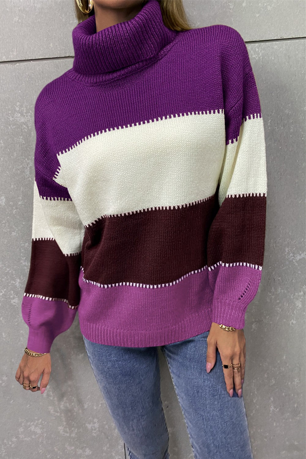 Color Block Lantern Sleeve Turtleneck Sweater  Shirts & Tops- Doll Fits