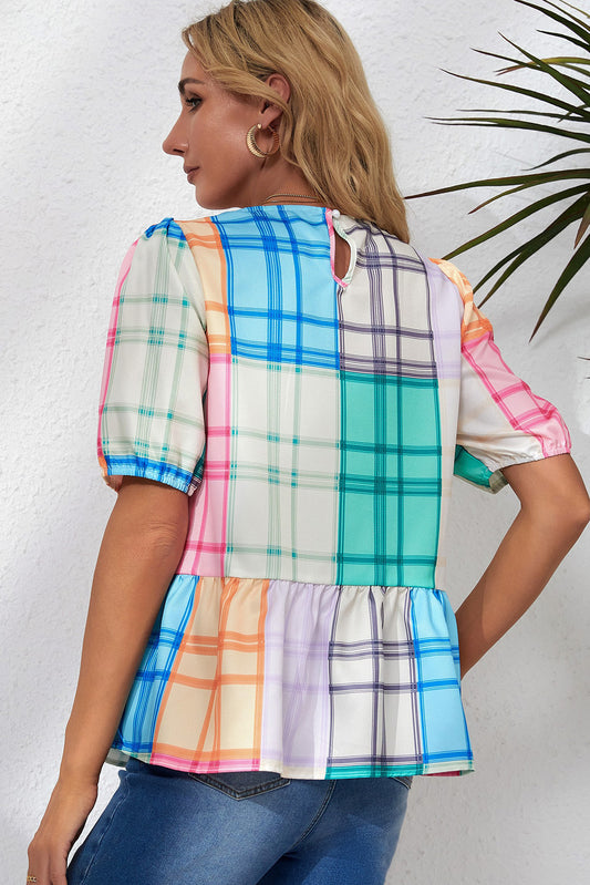 Round Neck Puff Sleeve Plaid Blouse  - Doll Fits