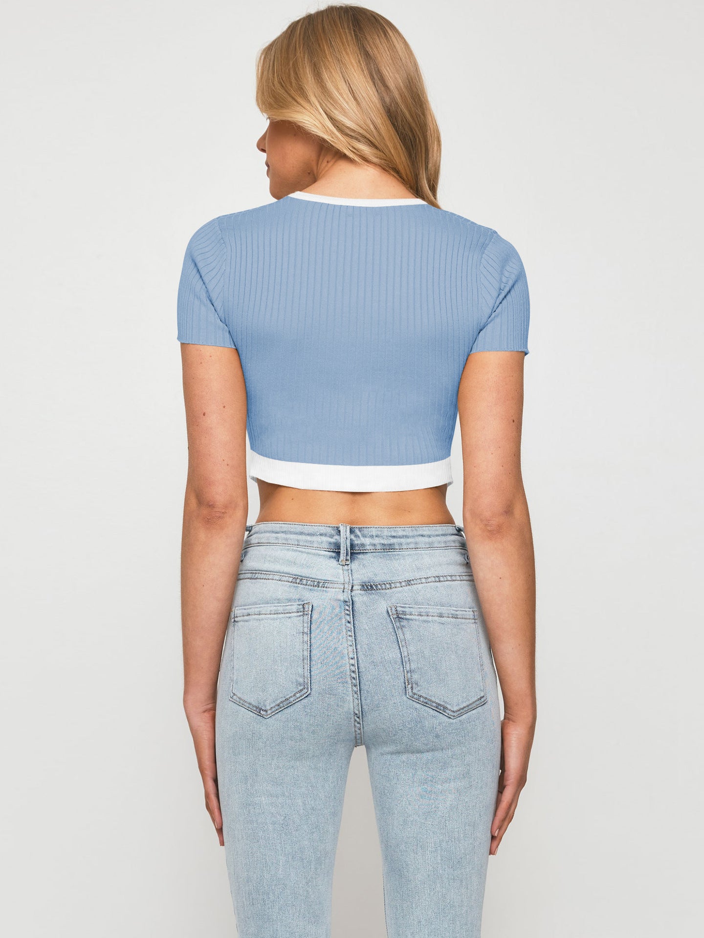 Contrast Trim Pointed Hem Ribbed Crop Top  Shirts & Tops- Doll Fits