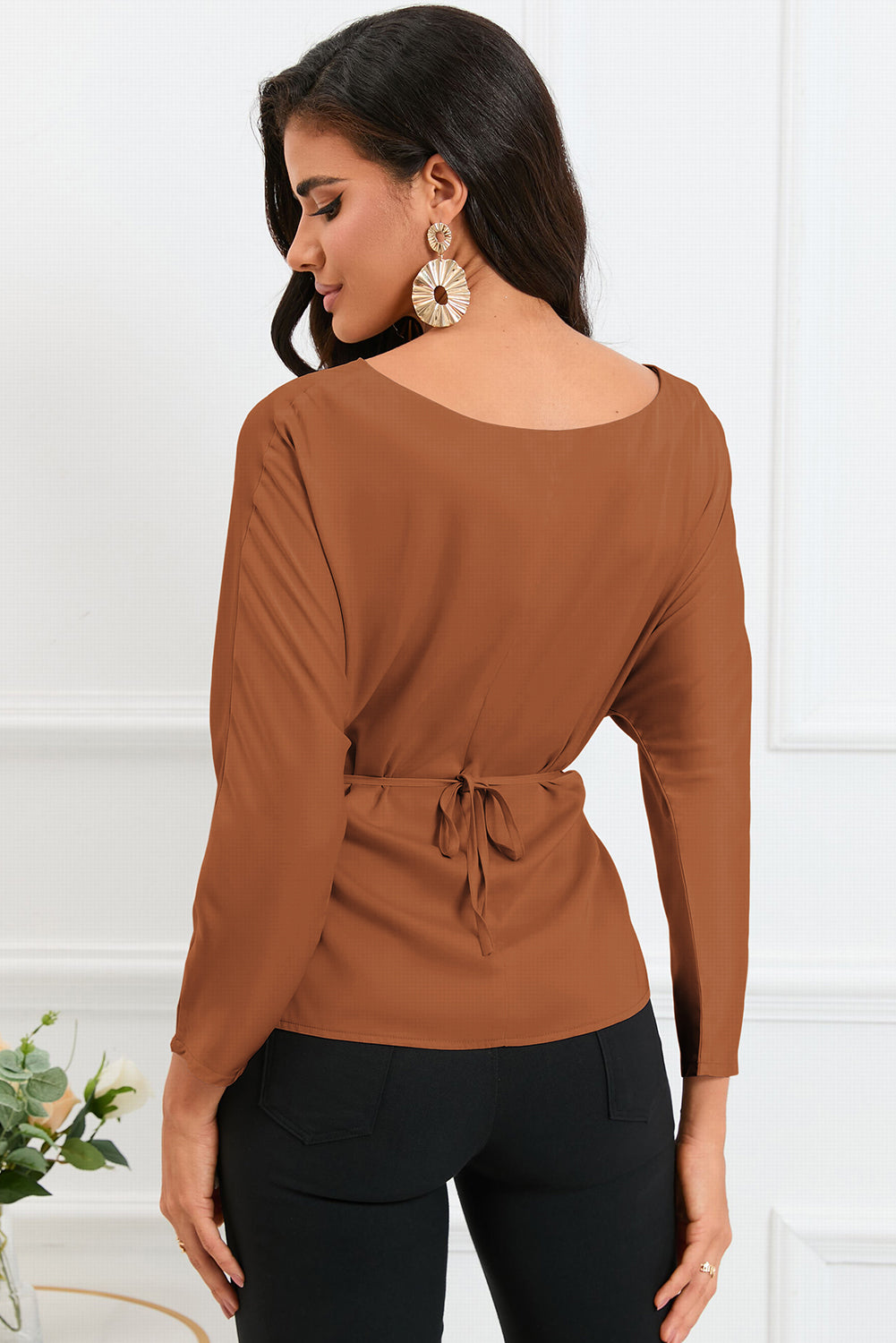 Boat Neck Back Tie Long Sleeve Satin Blouse  Shirts & Tops- Doll Fits