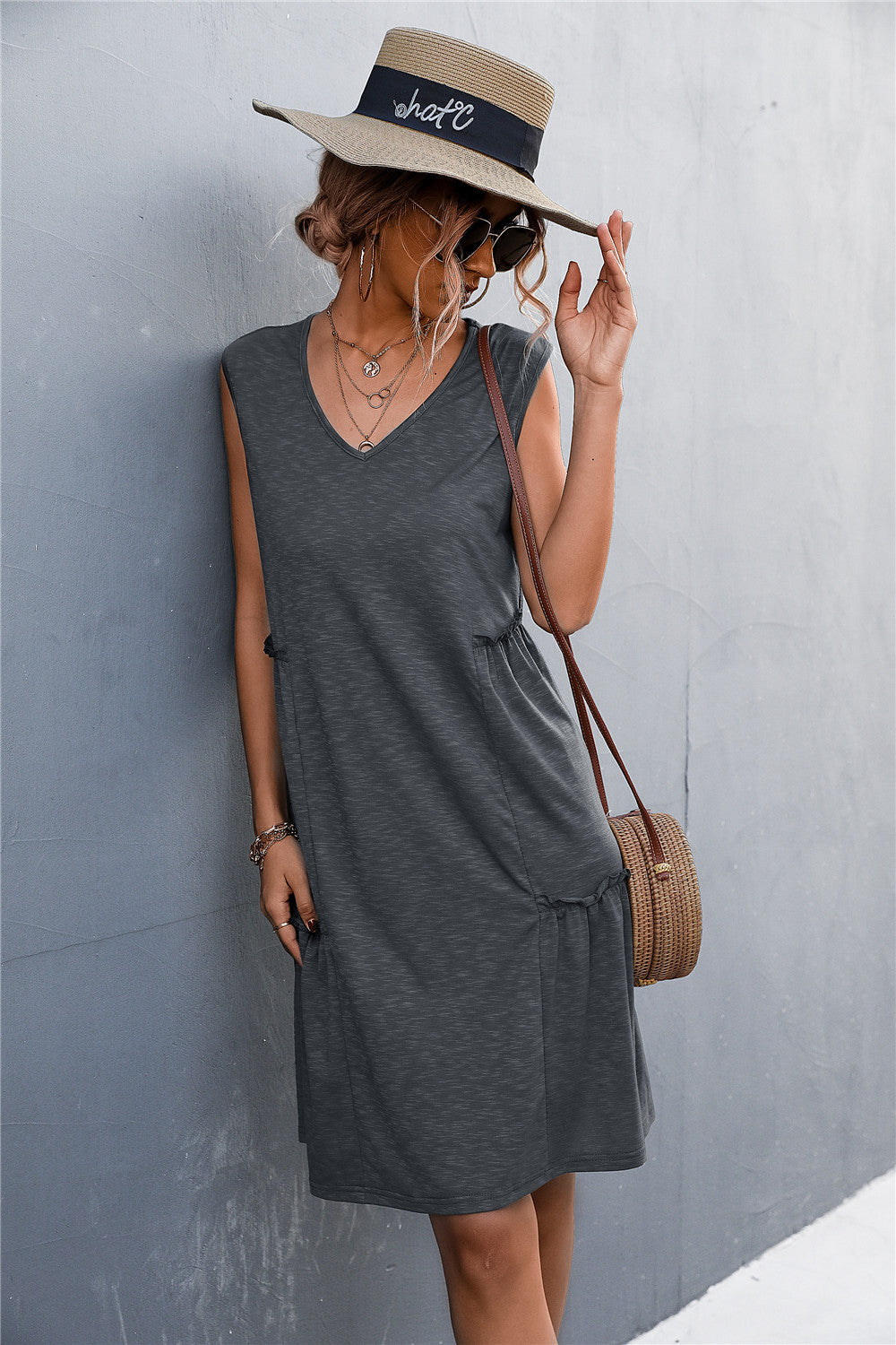 V-Neck Frill Trim Sleeveless Dress  Dresses- Doll Fits