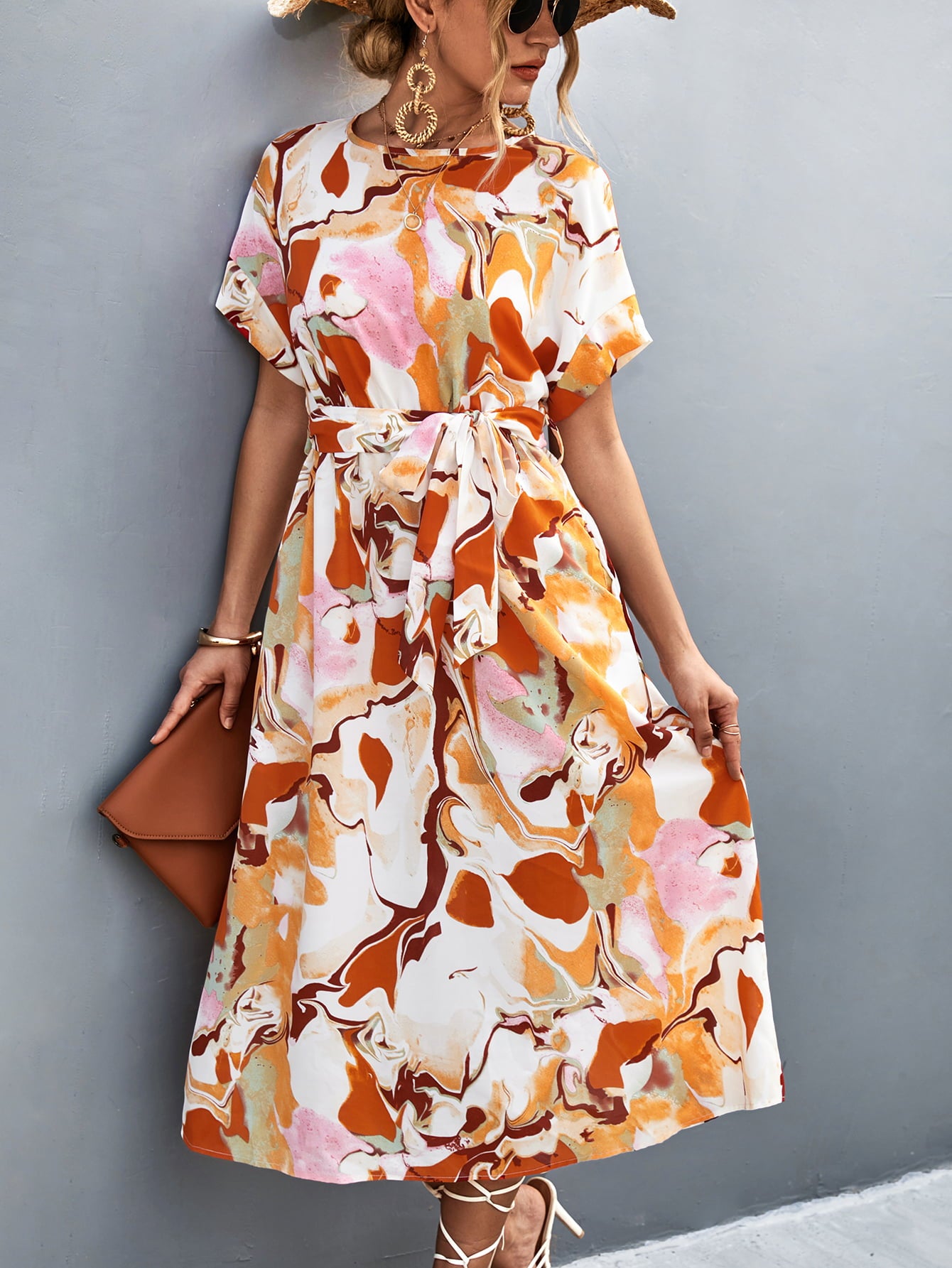 Round Neck Short Sleeve Tie Waist Midi Dress  Dresses- Doll Fits