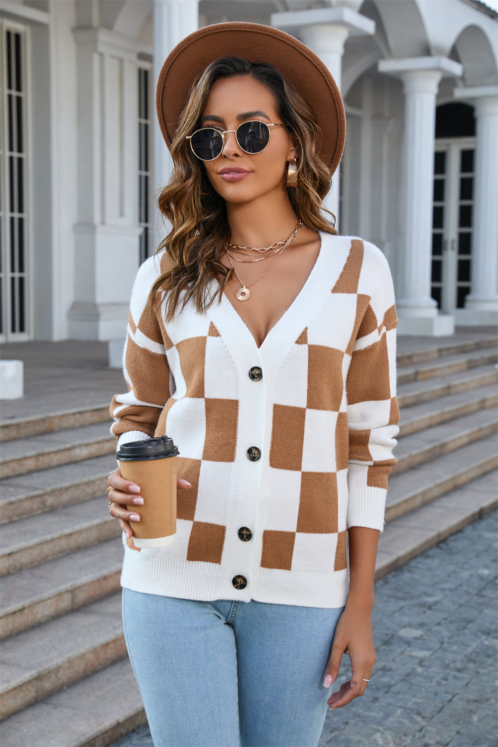 Button-Up Plaid V-Neck Dropped Shoulder Cardigan  - Doll Fits