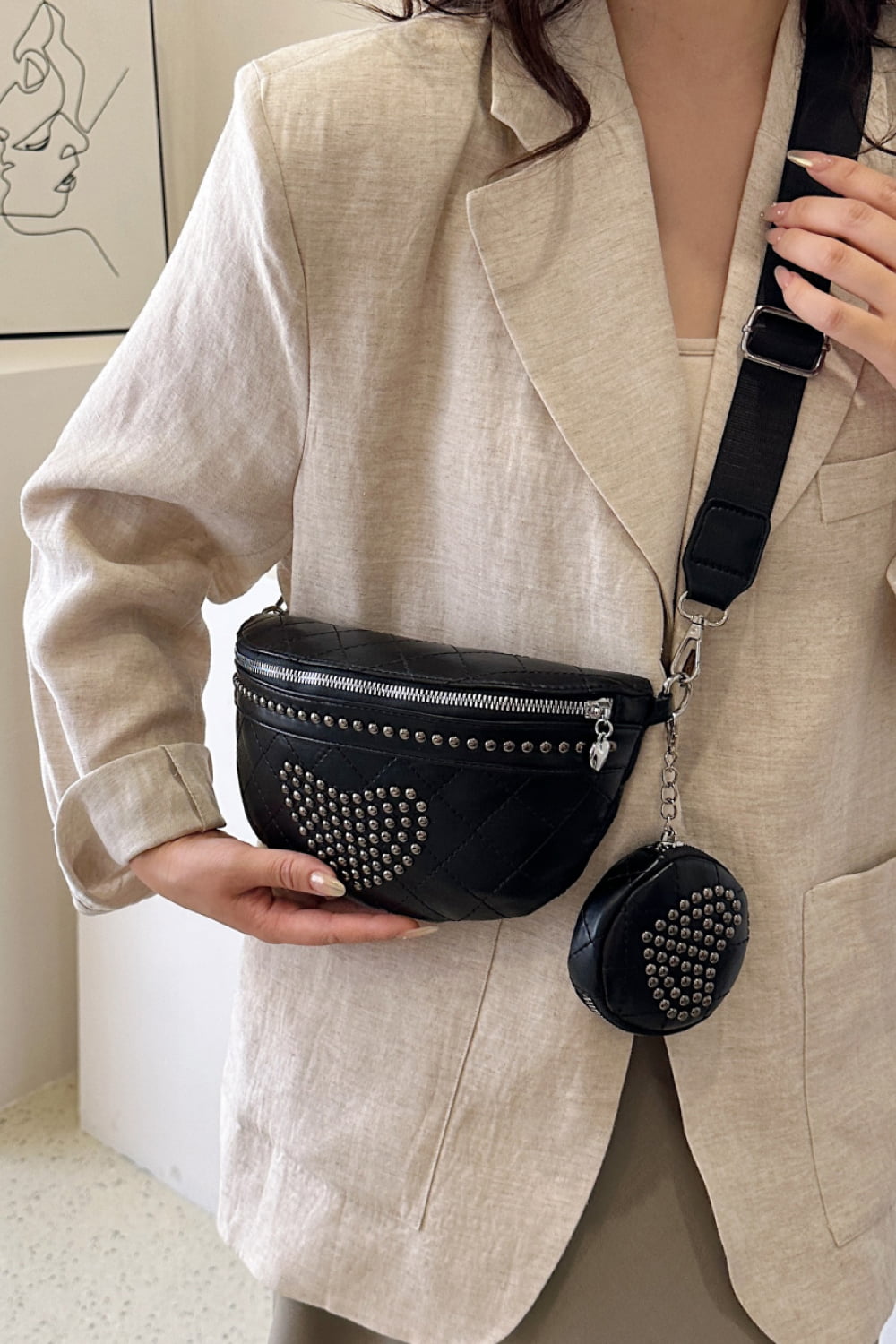 Studded PU Leather Sling Bag with Small Purse  - Doll Fits