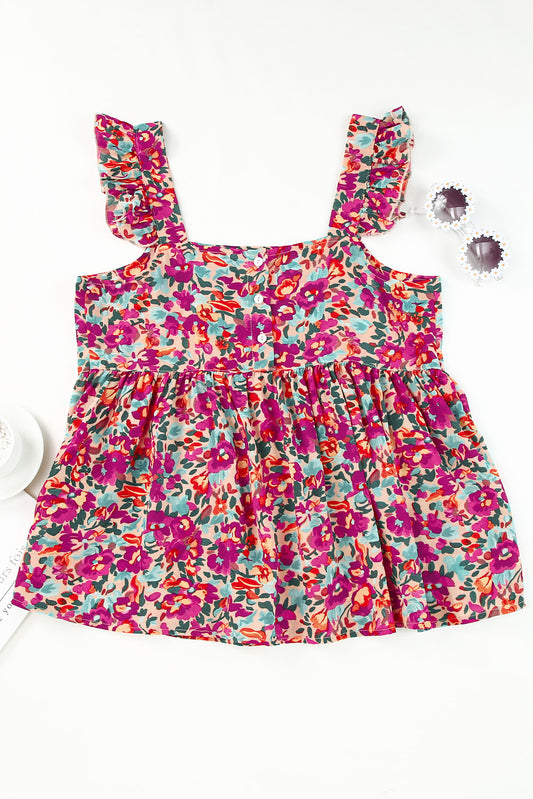 Floral Buttoned Square Neck Ruffled Tank  Shirts & Tops- Doll Fits