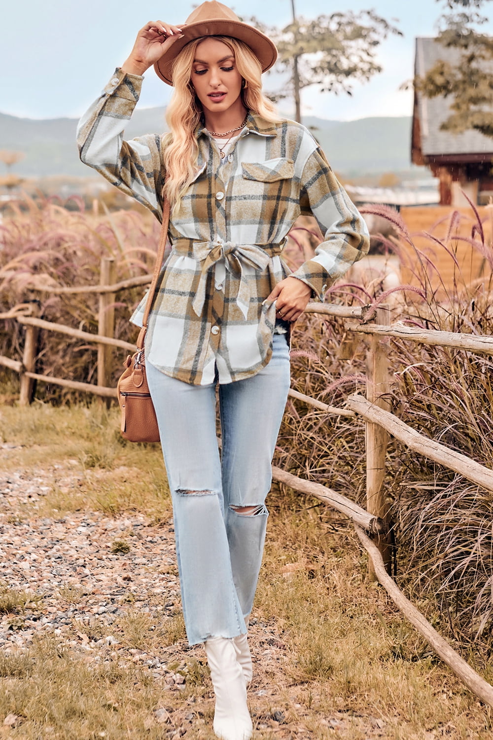 Plaid Collared Neck Bow Front Long Sleeve Jacket  - Doll Fits