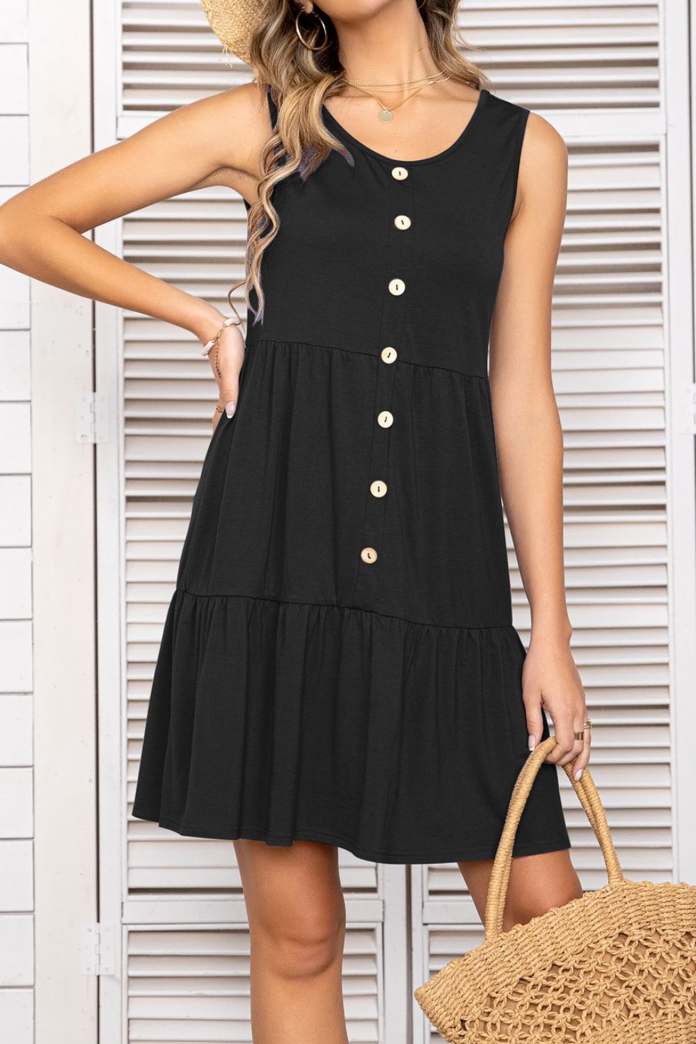 Decorative Button Scoop Neck Sleeveless Tiered Dress  Dresses- Doll Fits
