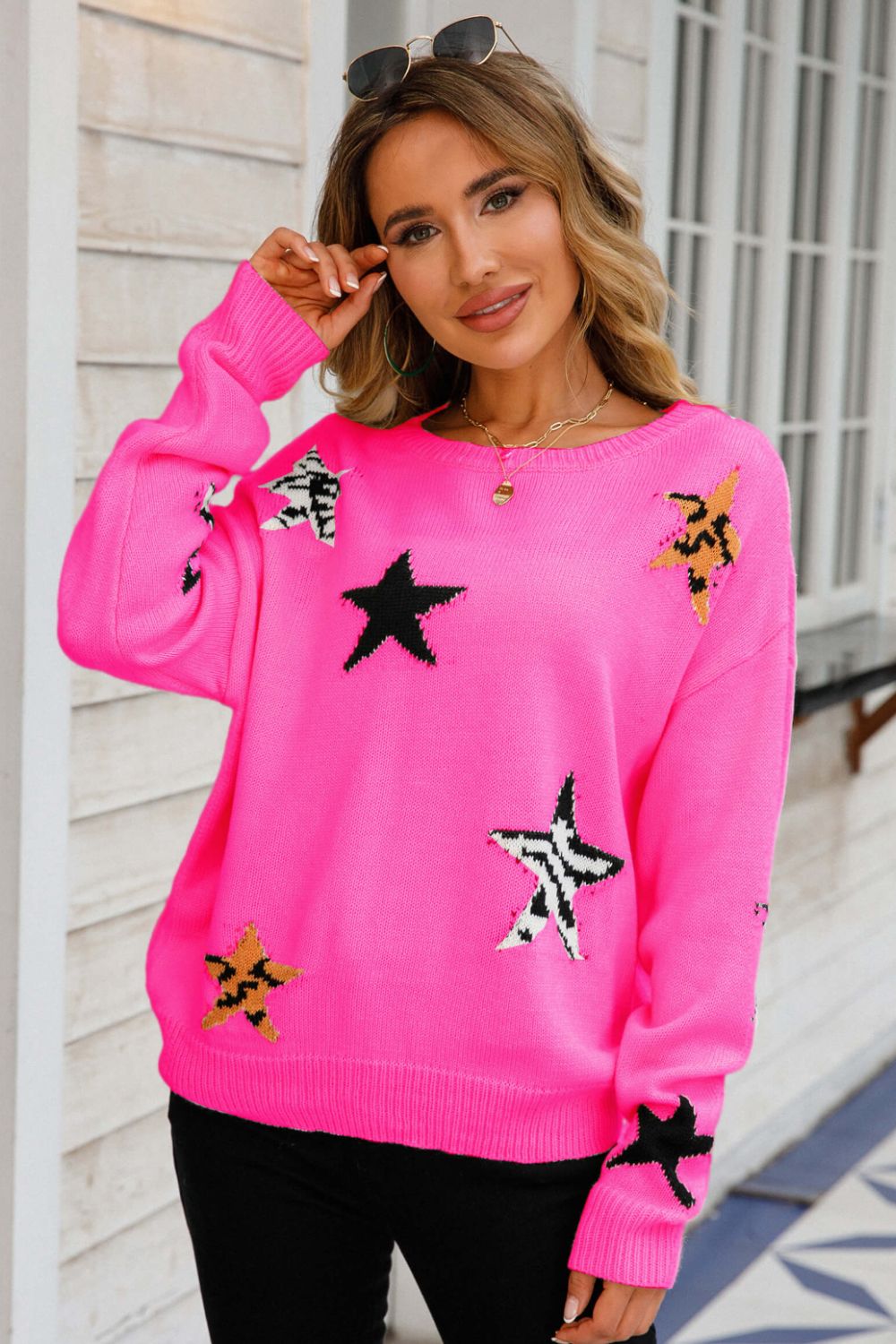 Star Pattern Round Neck Dropped Shoulder Sweater  Shirts & Tops- Doll Fits