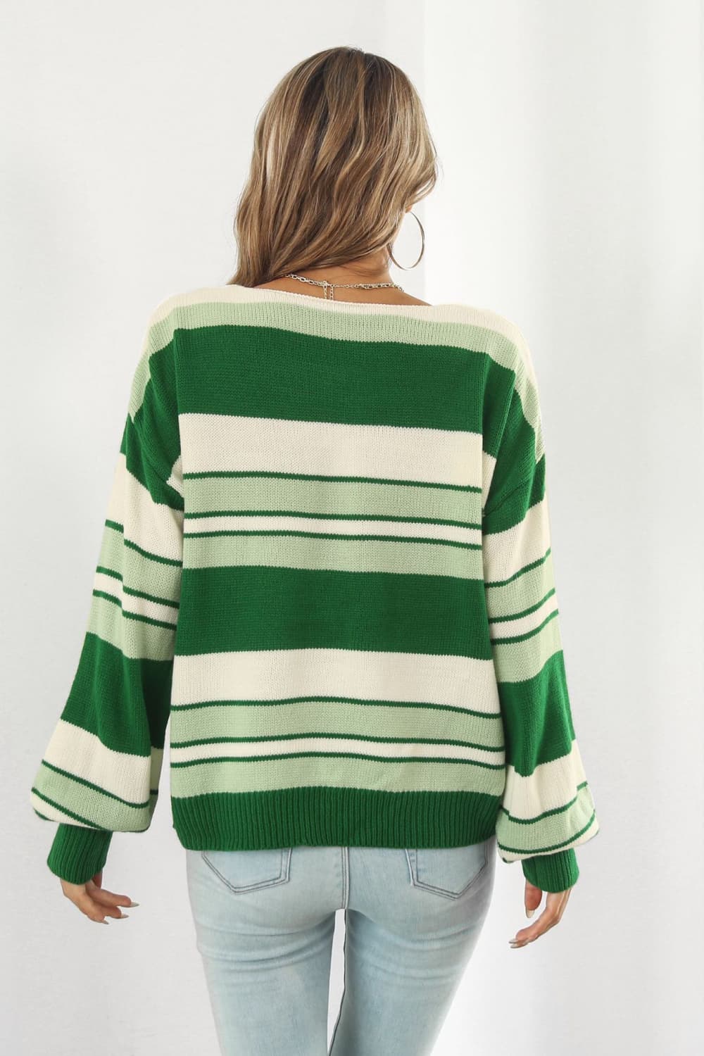 Striped V-Neck Dropped Shoulder Sweater  - Doll Fits