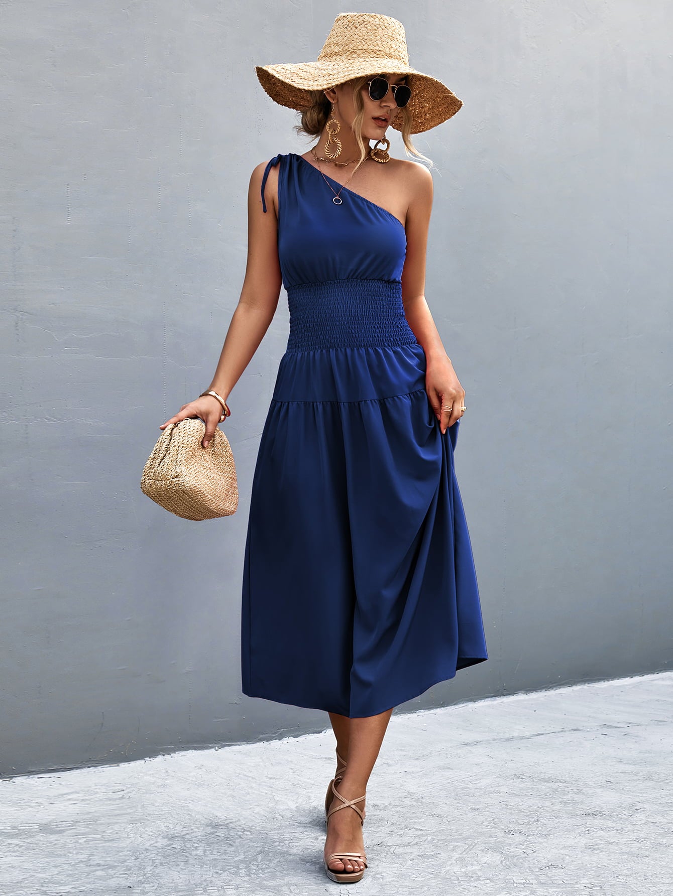 Asymmetrical One Shoulder Smocked Waist Midi Dress  Dresses- Doll Fits