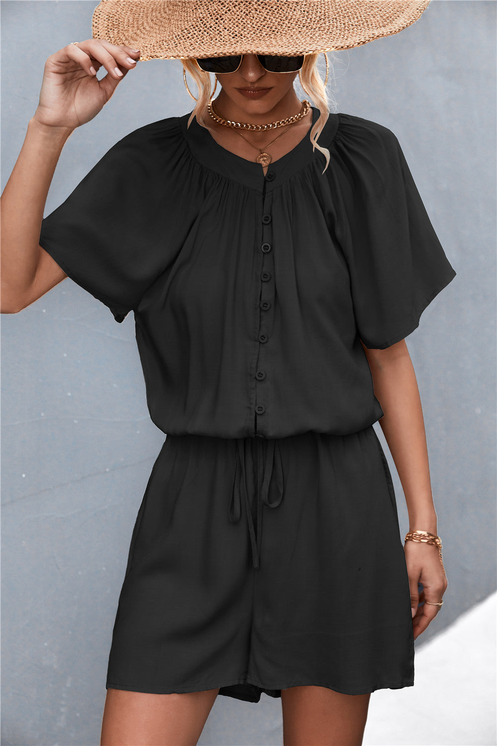 Buttoned Gather Detail Romper  Jumpsuits & Rompers- Doll Fits