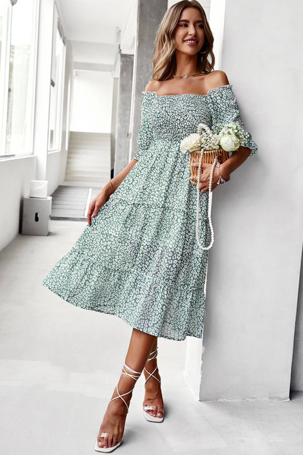 Ditsy Floral Off-Shoulder Smocked Midi Dress  Dresses- Doll Fits