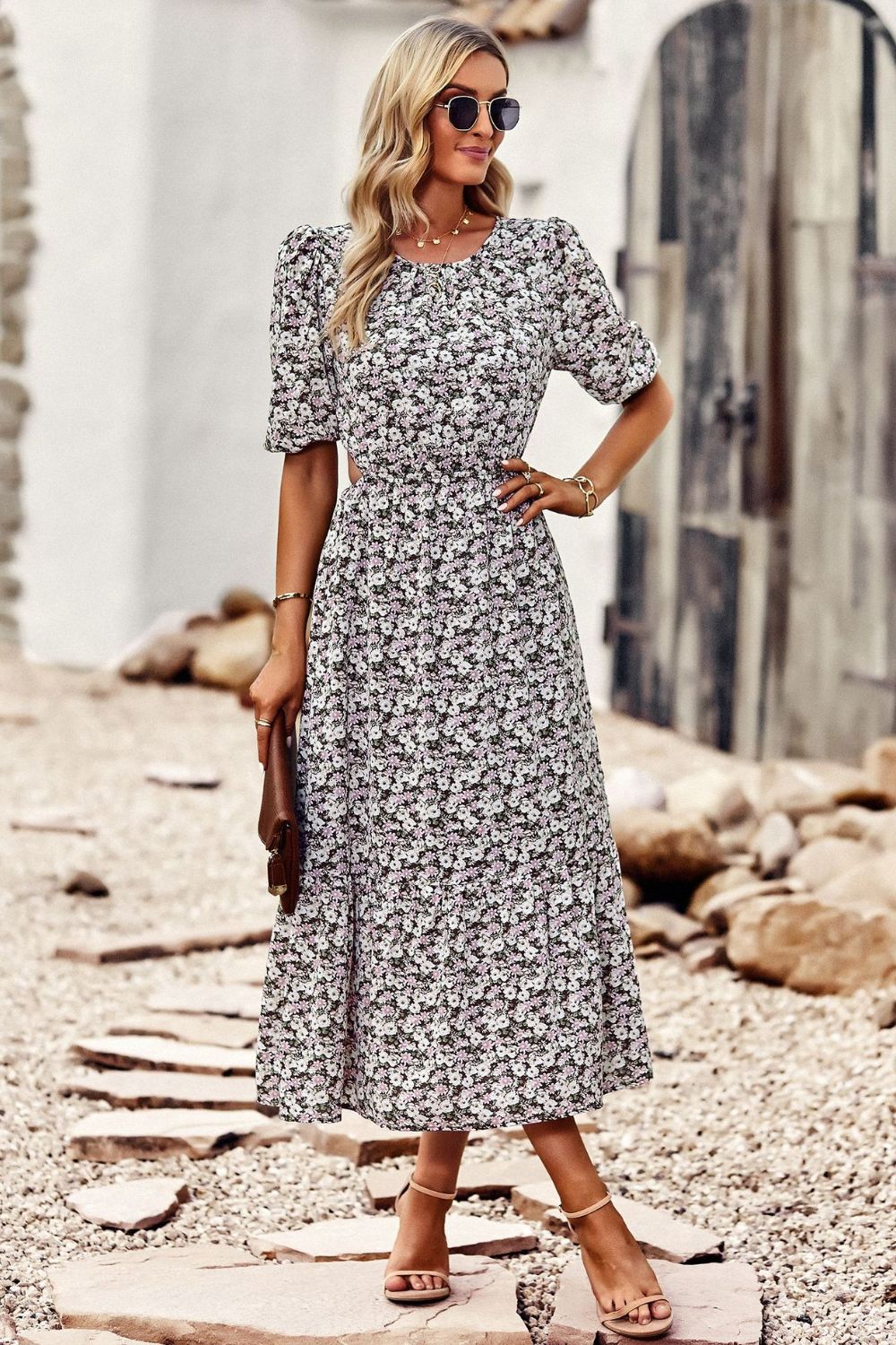 Floral Cutout Puff Sleeve Midi Dress  Dresses- Doll Fits