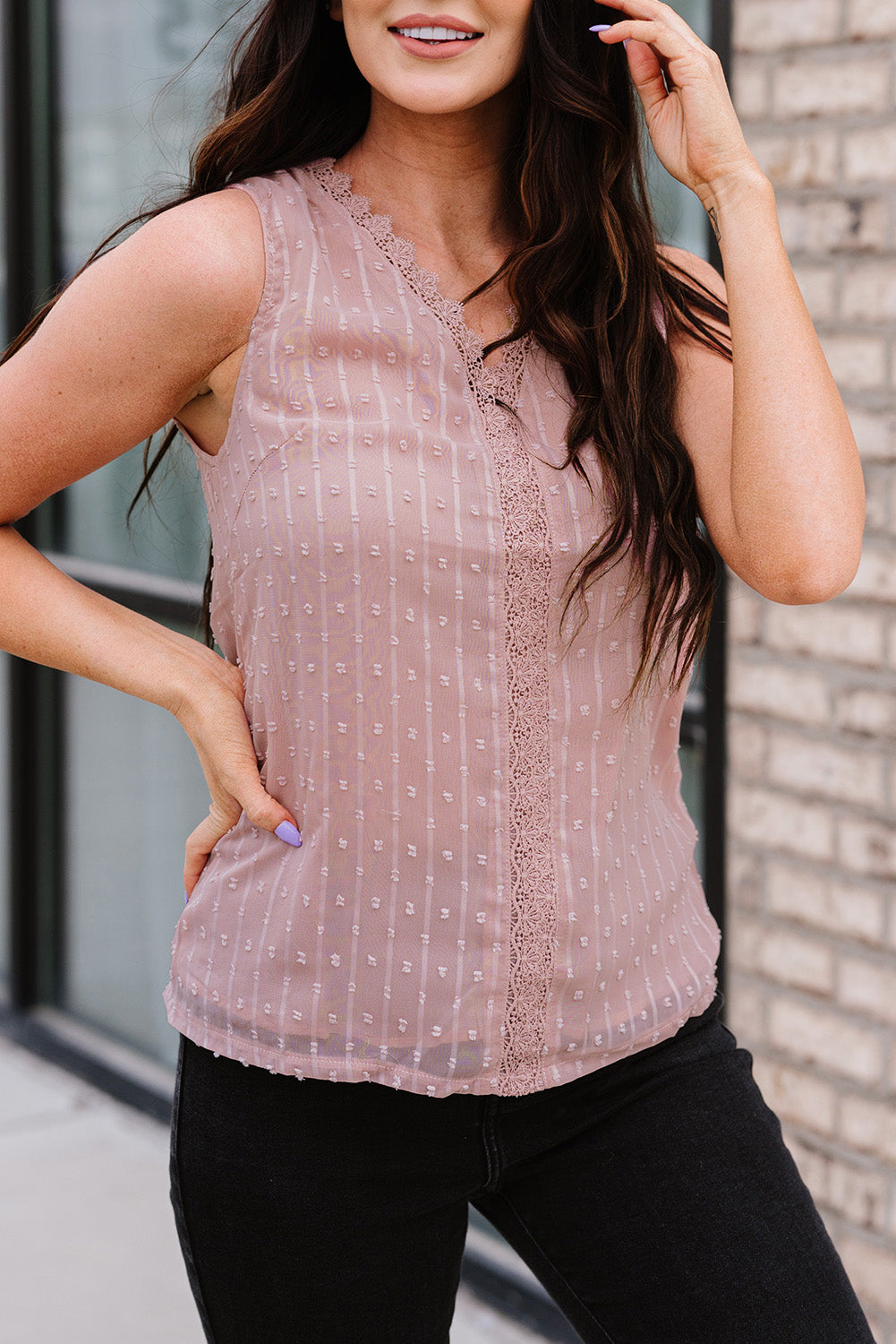 Swiss Dot Lace Detail Plunge Tank  Shirts & Tops- Doll Fits