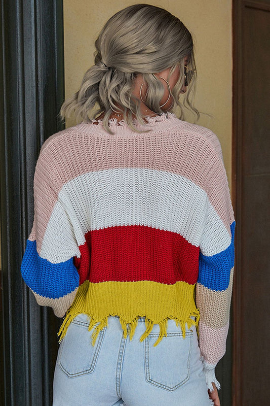 Color Block V-Neck Waffle Knit Cropped Sweater