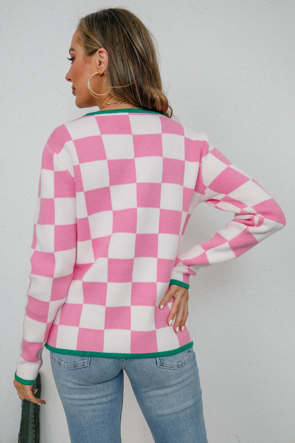 Checkered Round Neck Sweater  Shirts & Tops- Doll Fits