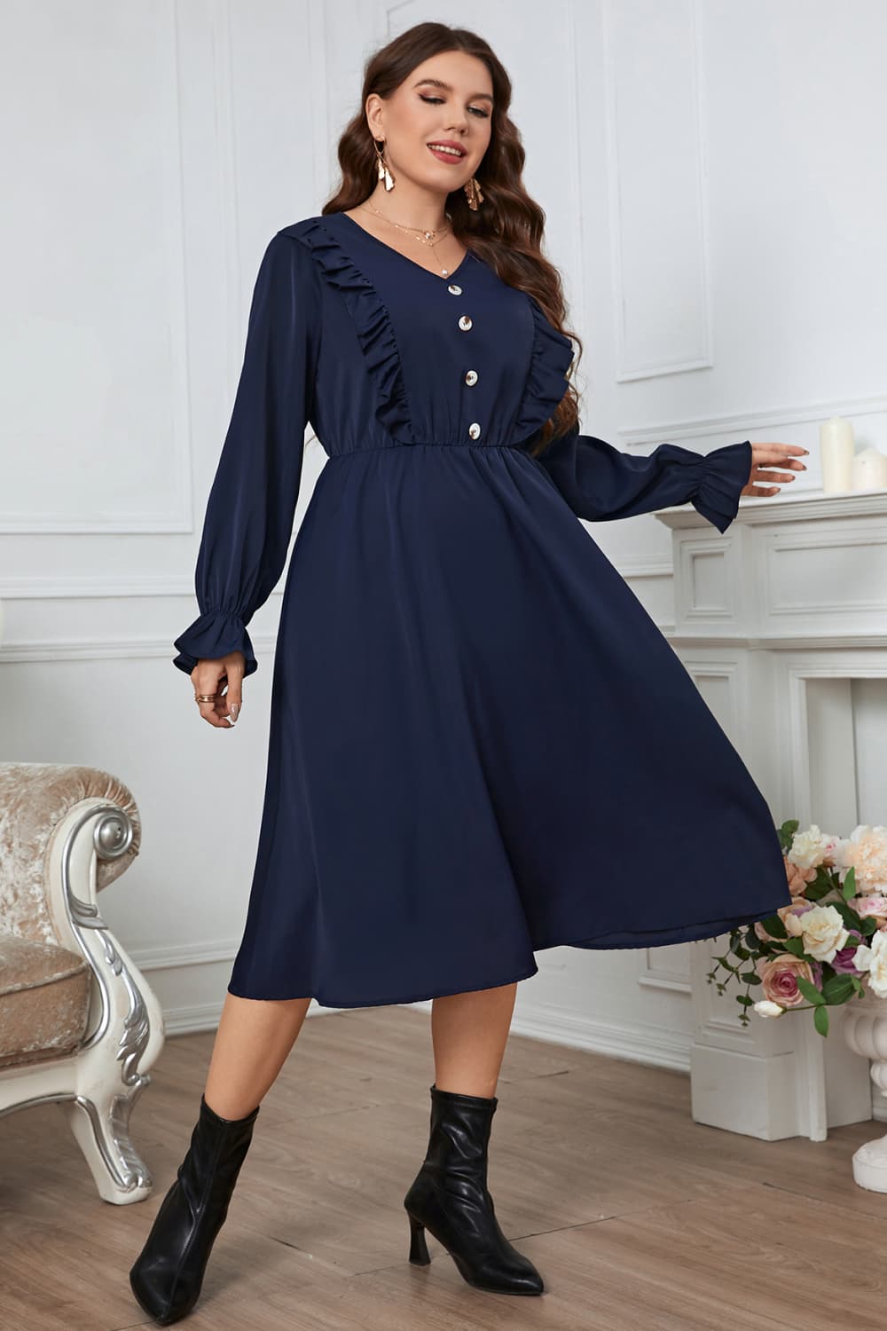 Melo Apparel Plus Size V-Neck Buttoned Flounce Sleeve Dress  Dresses- Doll Fits