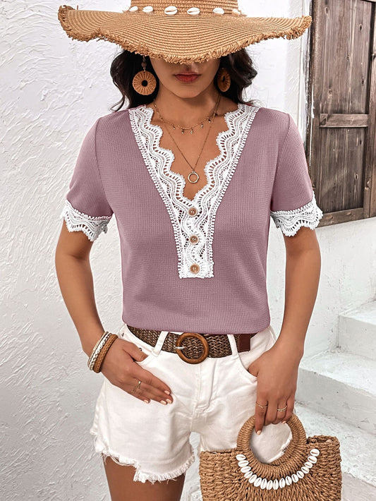Decorative Button Spliced Lace Short Sleeve Top  Shirts & Tops- Doll Fits