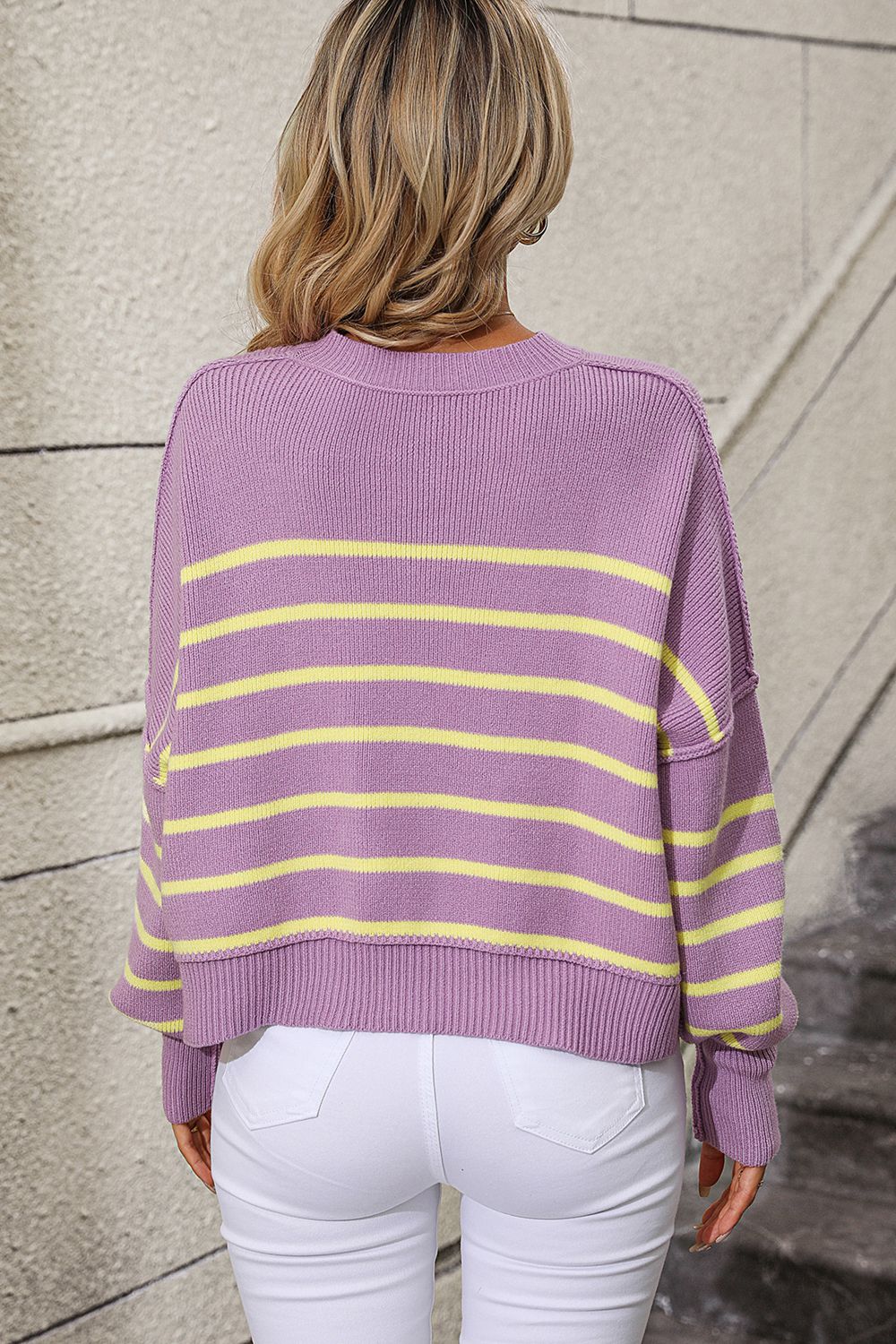 Striped Dropped Shoulder Round Neck Pullover Sweater  - Doll Fits