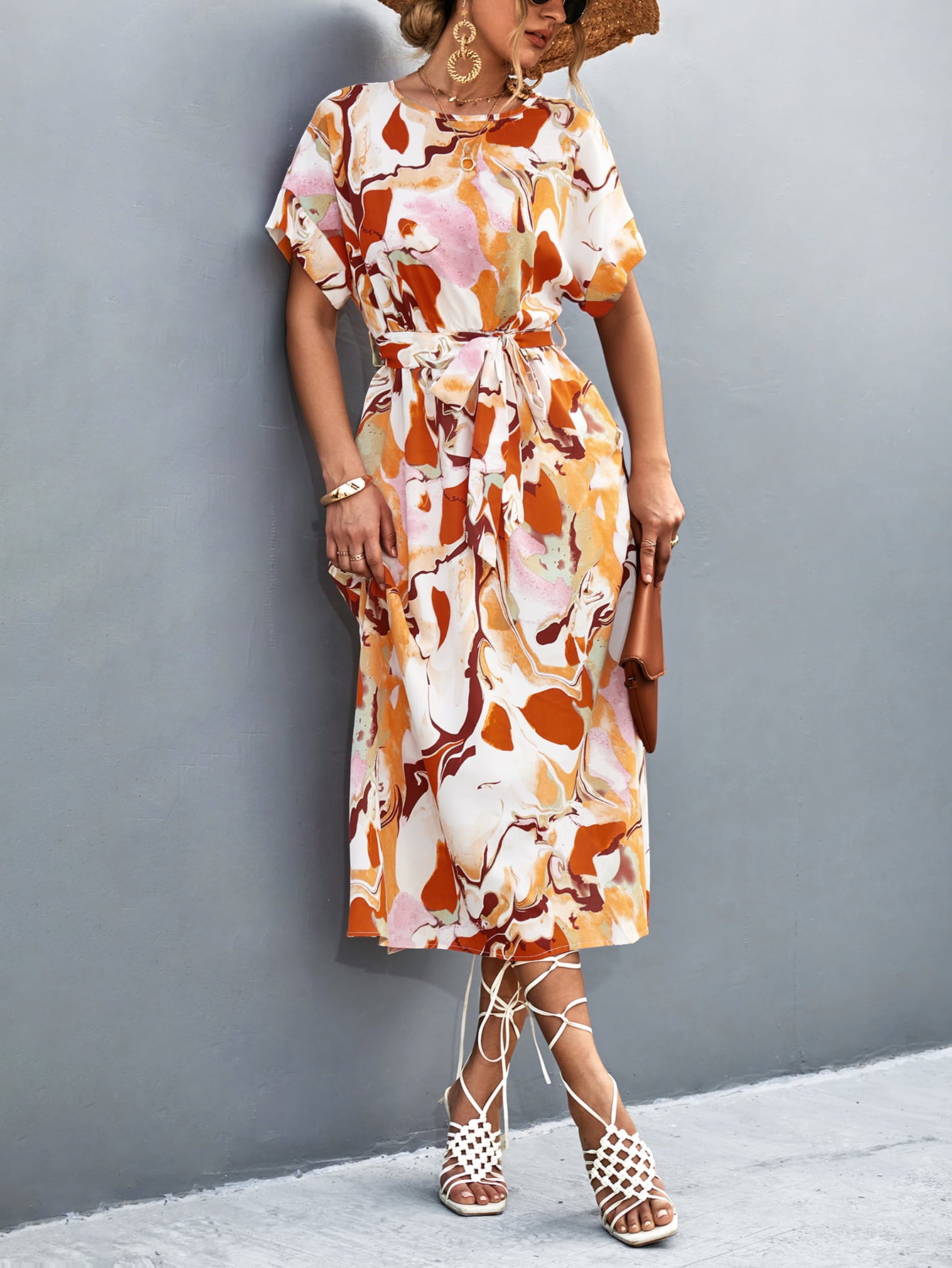 Round Neck Short Sleeve Tie Waist Midi Dress  Dresses- Doll Fits