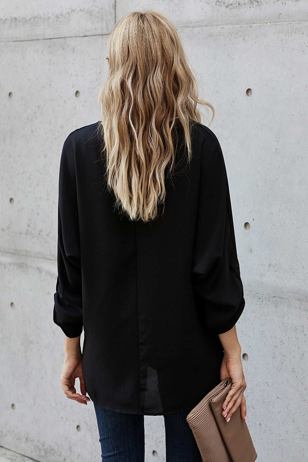 V-Neck Roll-Tab Sleeve Blouse  Shirts & Tops- Doll Fits