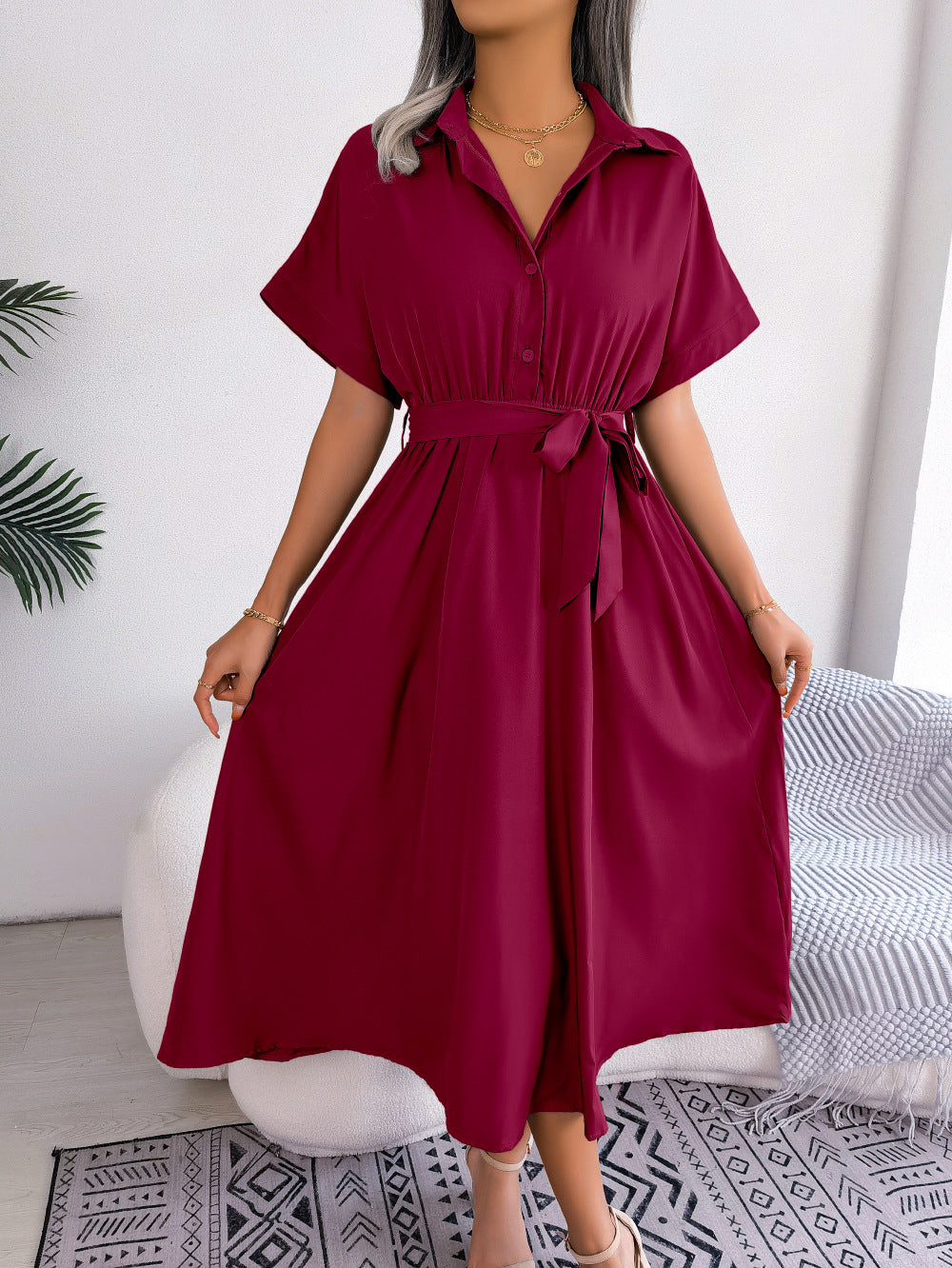 Short Sleeve Collared Tie Belt Dress  Dresses- Doll Fits