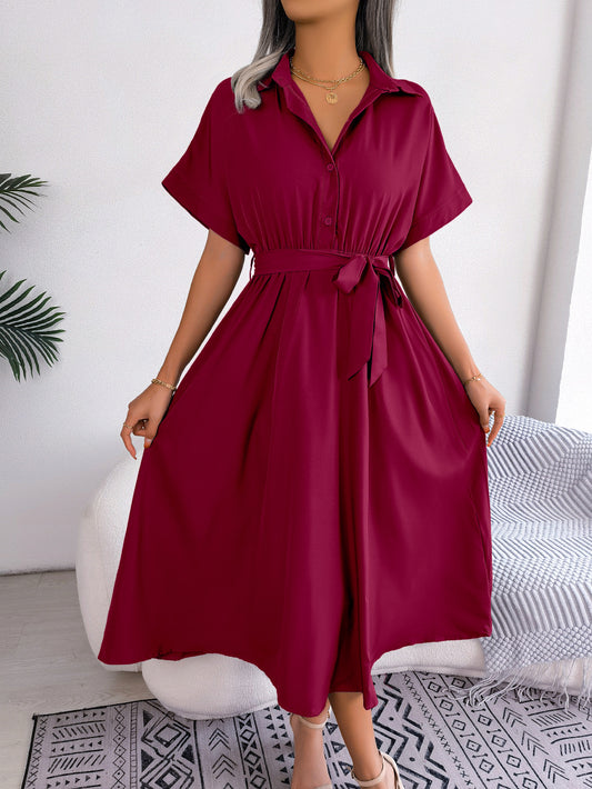 Short Sleeve Collared Tie Belt Dress  Dresses- Doll Fits