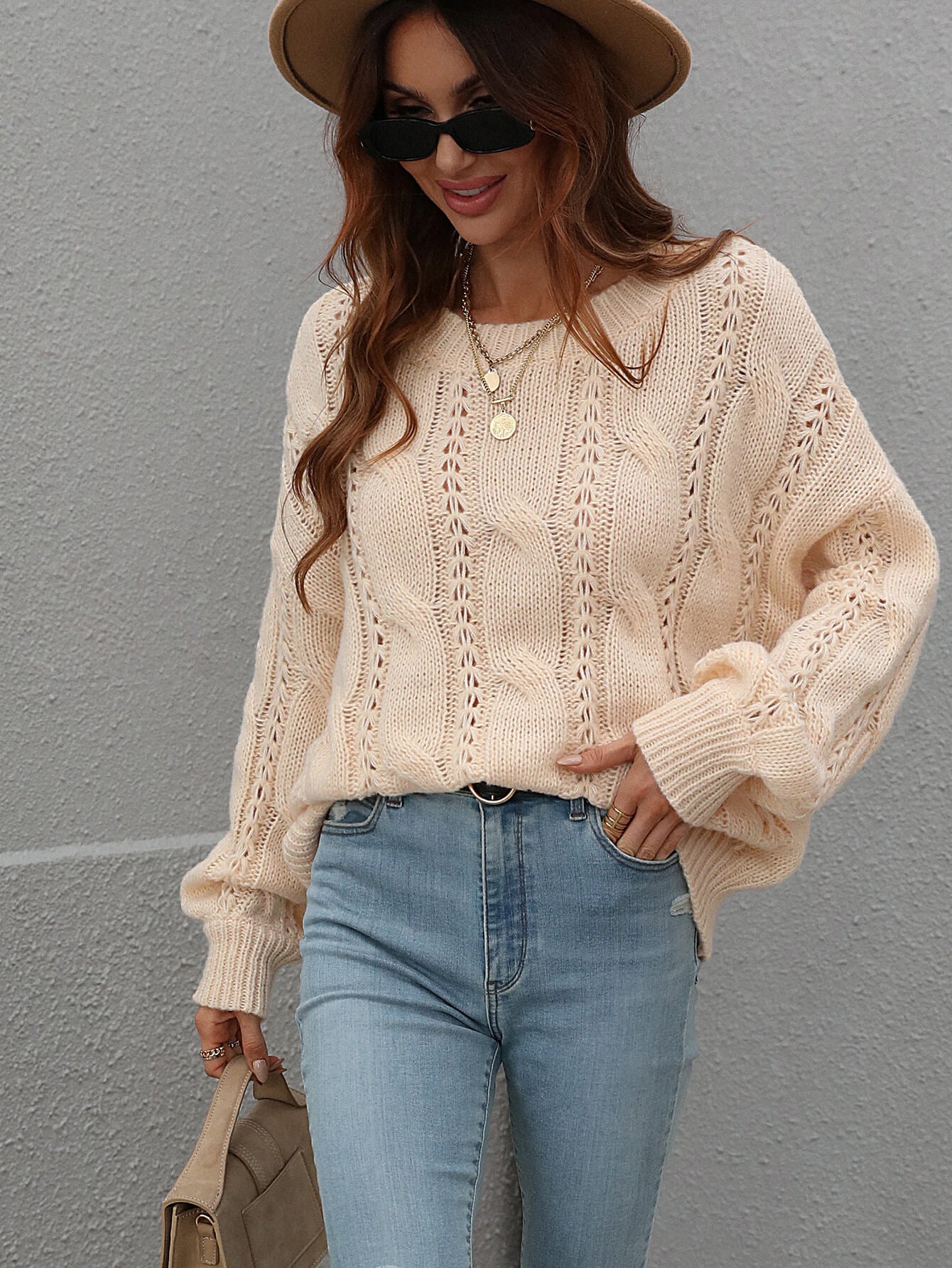 Cable-Knit Openwork Round Neck Sweater  Shirts & Tops- Doll Fits