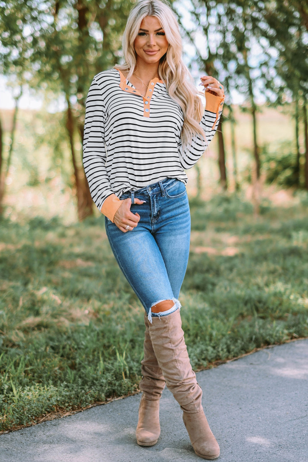 Striped Contrast Trim Quarter Snap T-Shirt  Shirts & Tops- Doll Fits