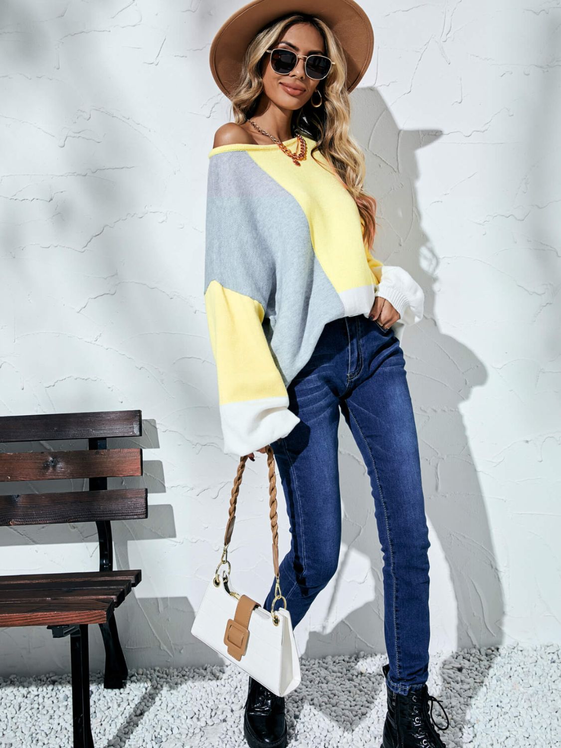Color Block Balloon Sleeve Boat Neck Sweater  Shirts & Tops- Doll Fits