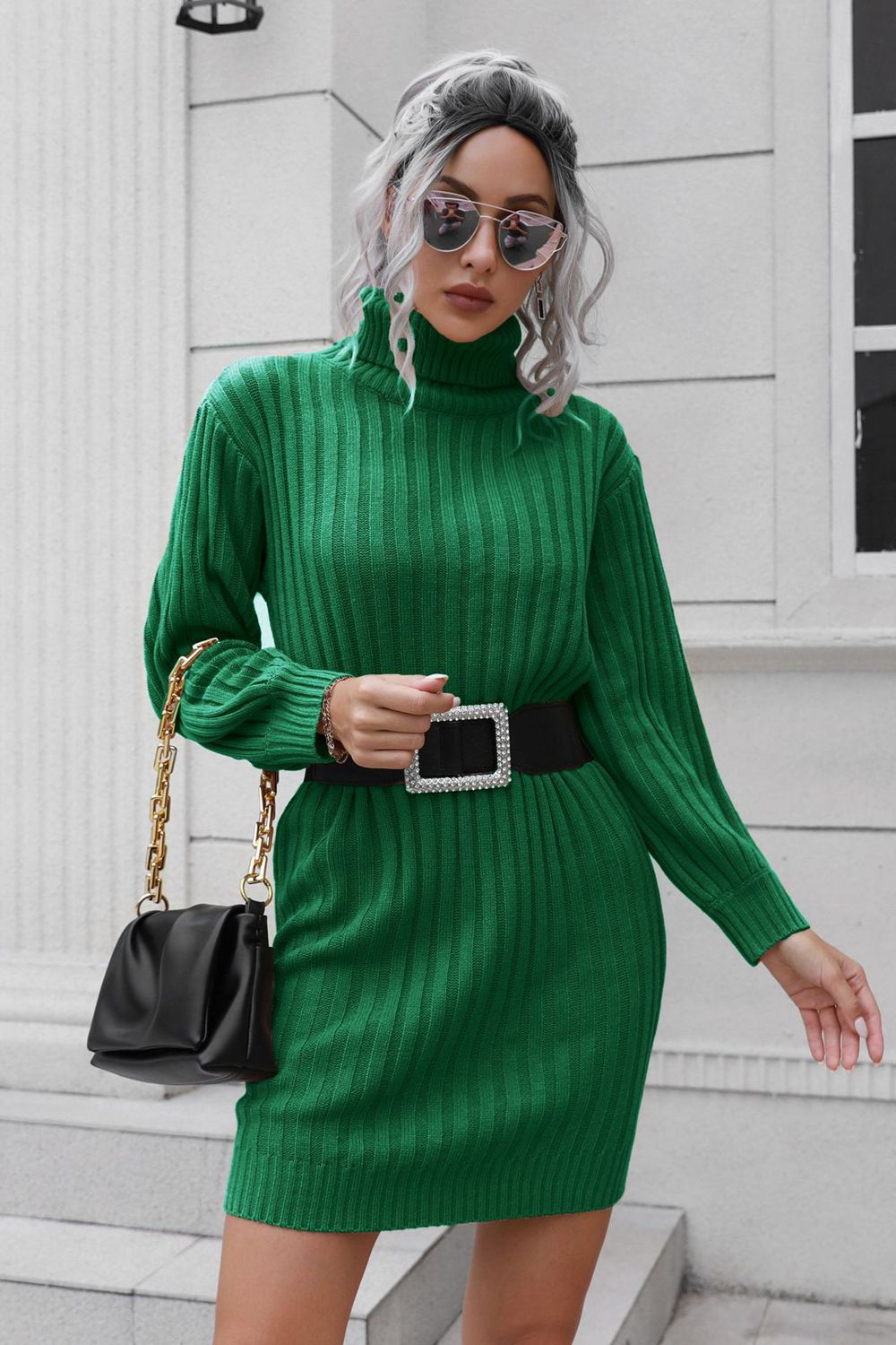 Ribbed Turtle Neck Long Sleeve Mini Sweater Dress  Dresses- Doll Fits