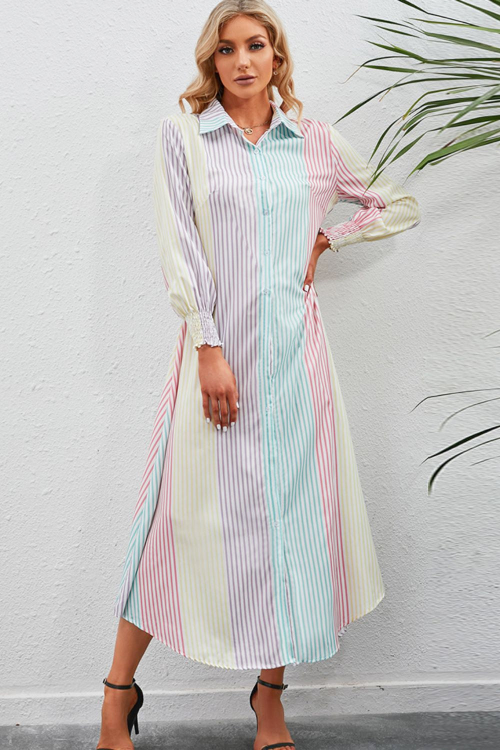 Rainbow Stripe Button-Up Maxi Shirt Dress  Dresses- Doll Fits