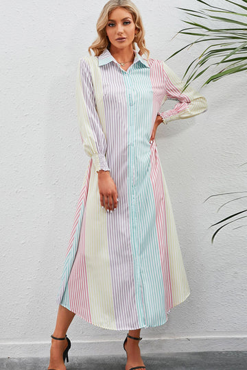 Rainbow Stripe Button-Up Maxi Shirt Dress  Dresses- Doll Fits