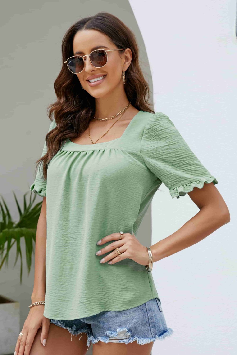 Frill Trim Puff Sleeve Square Neck Blouse  Shirts & Tops- Doll Fits