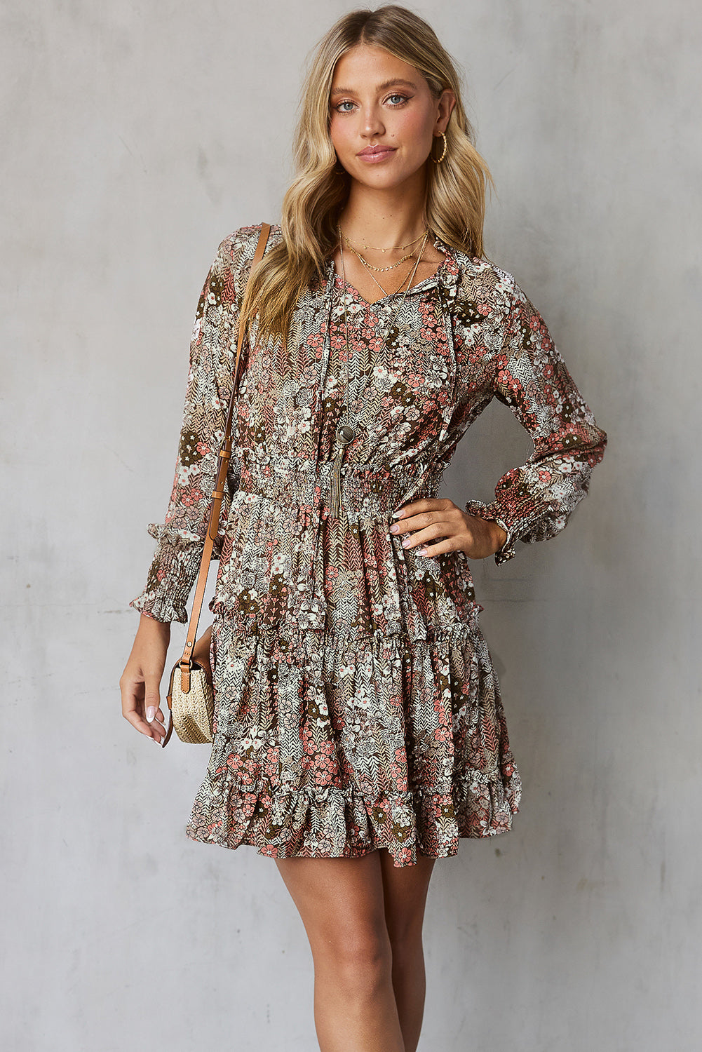 Floral Smocked Tie-Neck Frill Trim Dress  Dresses- Doll Fits