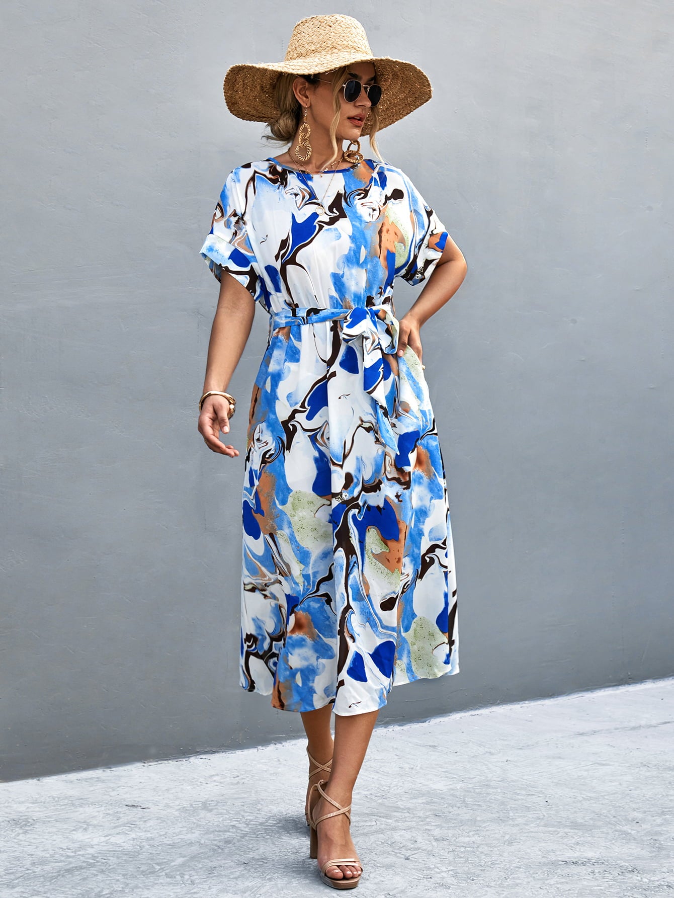 Round Neck Short Sleeve Tie Waist Midi Dress  Dresses- Doll Fits