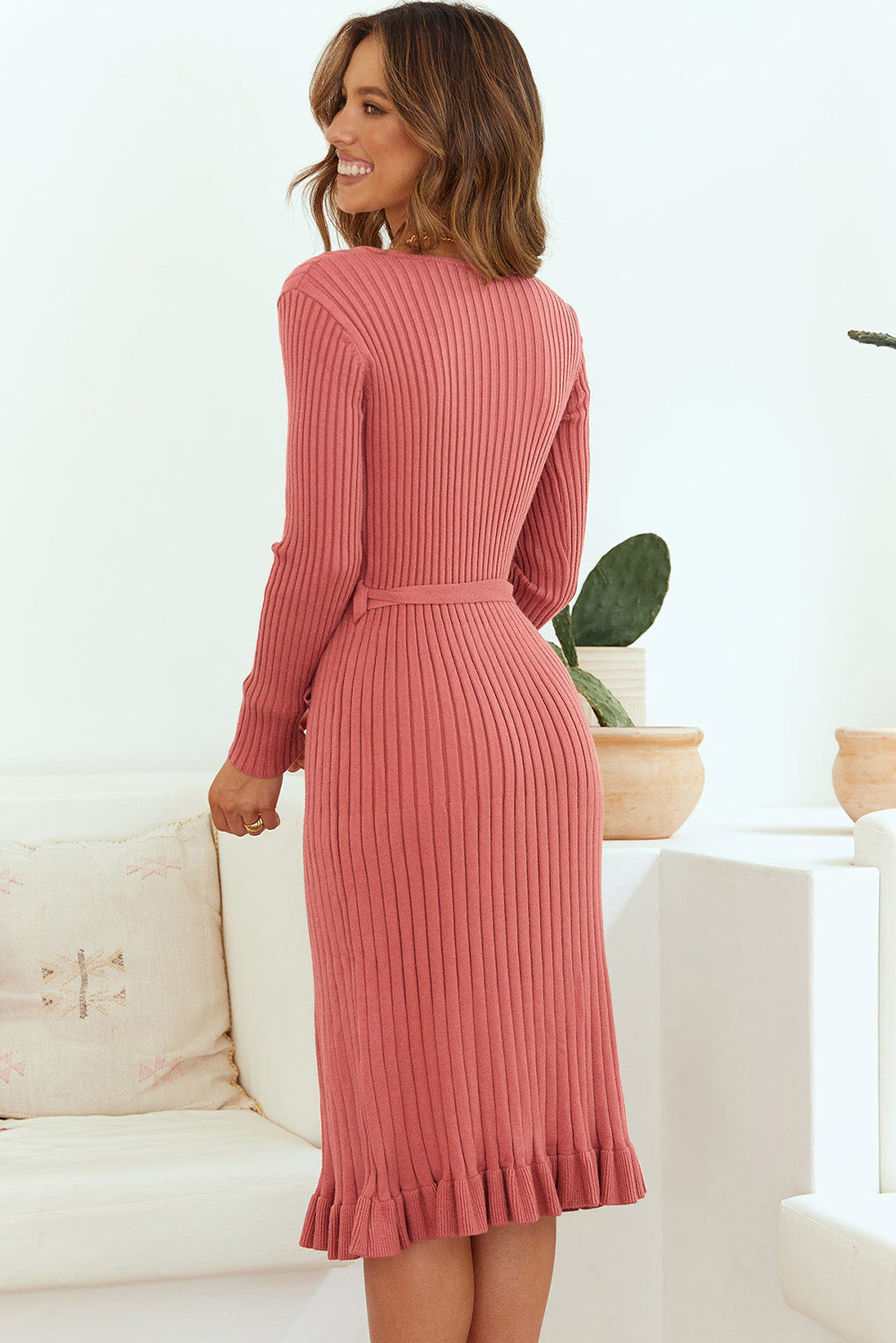 Ribbed V-Neck Tie Waist Pencil Dress  Dresses- Doll Fits