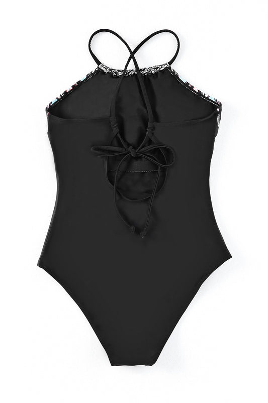 Geometric Print Tie Back One-Piece Swimsuit  Swimwear- Doll Fits