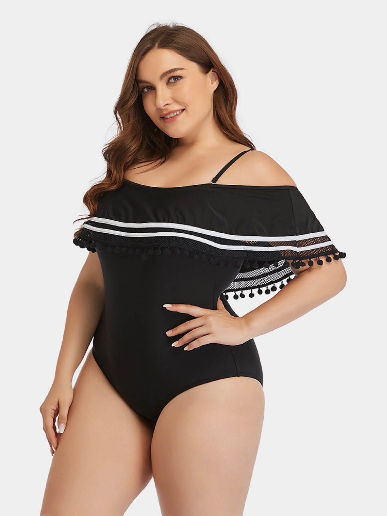 Plus Size Striped Cold-Shoulder One-Piece Swimsuit  Swimwear- Doll Fits