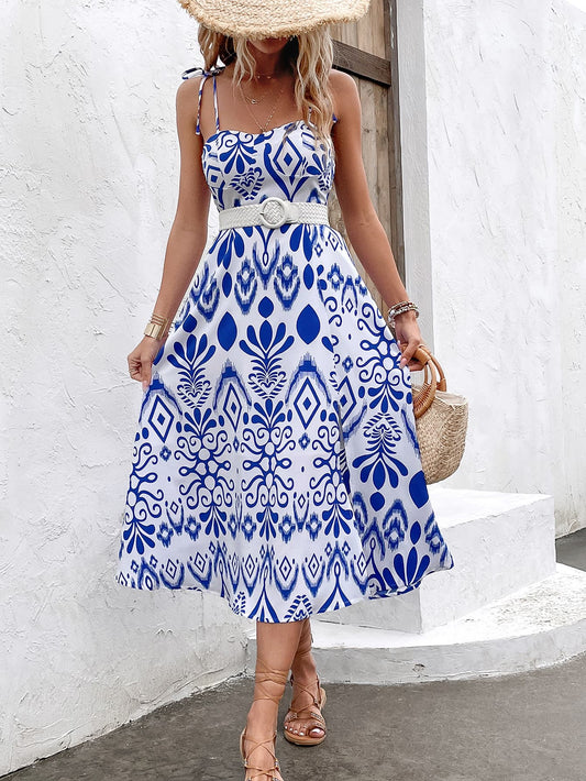Printed Tie Shoulder Sweetheart Neck Dress  Dresses- Doll Fits