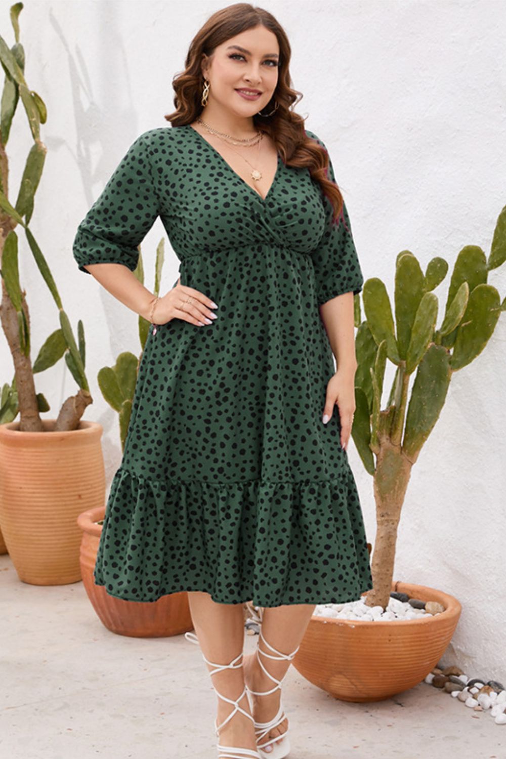 Plus Size Printed Surplice Ruffle Hem Dress  Dresses- Doll Fits