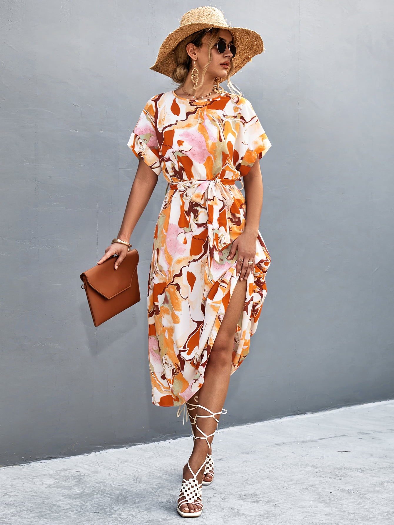 Round Neck Short Sleeve Tie Waist Midi Dress  Dresses- Doll Fits