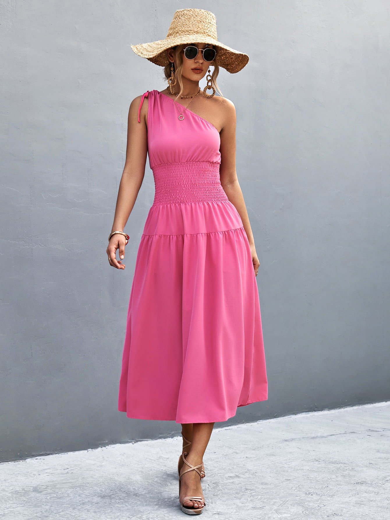 Asymmetrical One Shoulder Smocked Waist Midi Dress  Dresses- Doll Fits