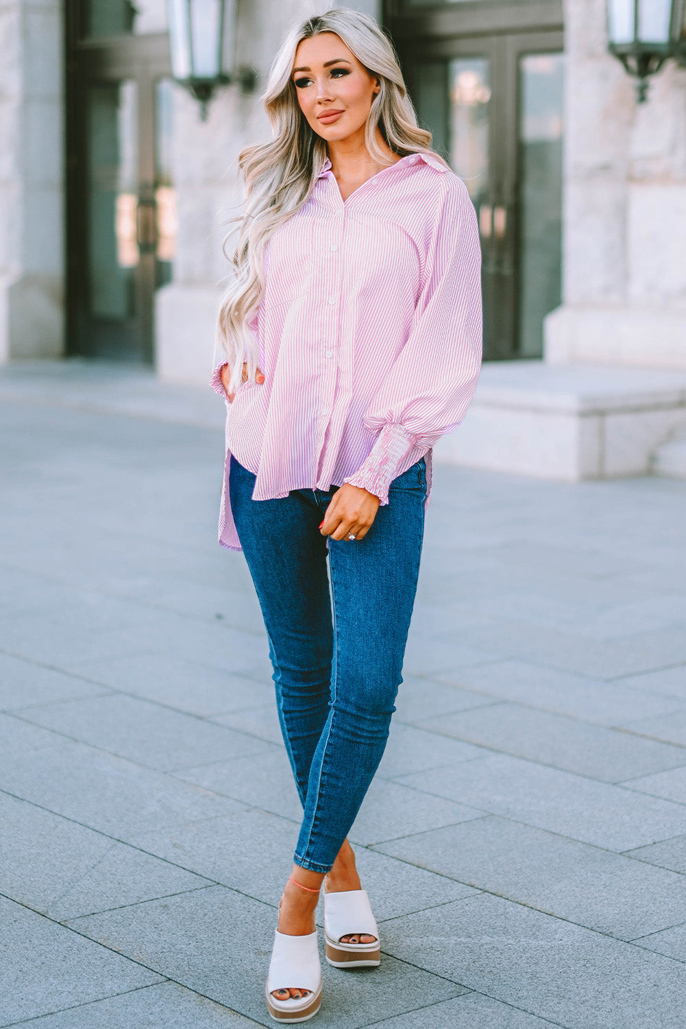 Striped Lantern Sleeve Collared Shirt  Shirts & Tops- Doll Fits