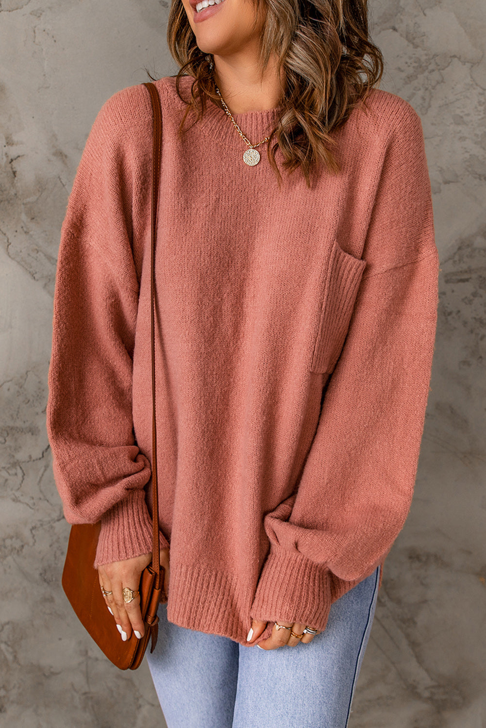 Ribbed Trim Lantern Sleeve Pocketed Sweater  Shirts & Tops- Doll Fits
