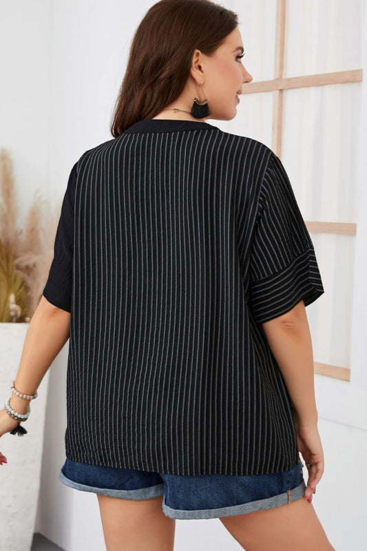 Plus Size Striped Notched Neck Half Sleeve Top  Shirts & Tops- Doll Fits