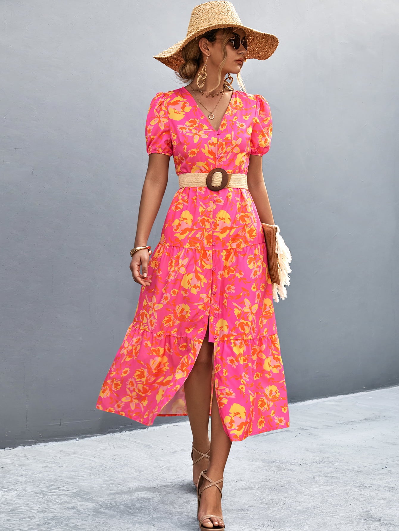 V-Neck Short Sleeve High Slit Midi Dress  Dresses- Doll Fits