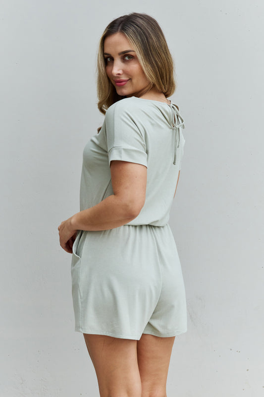 Zenana Chilled Out Full Size Short Sleeve Romper in Light Sage  Jumpsuits & Rompers- Doll Fits