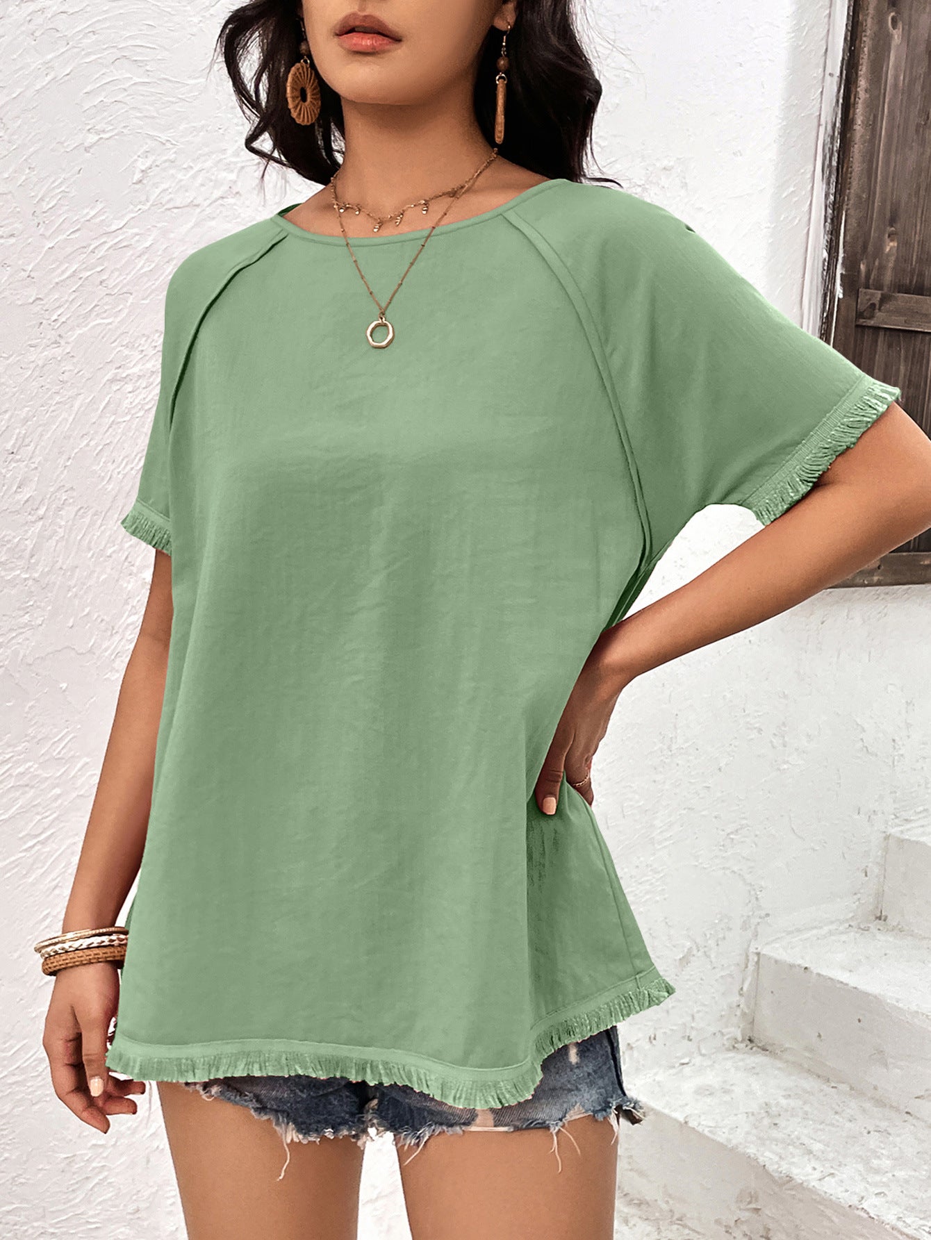 Round Neck Raglan Sleeve Fringe Detail Top  Shirts & Tops- Doll Fits