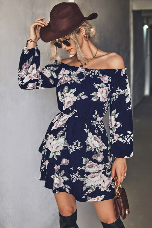 Floral Off-Shoulder Layered Mini Dress  Dresses- Doll Fits